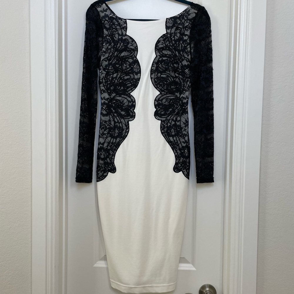 White Bebe dress with black lace sleeves & detail